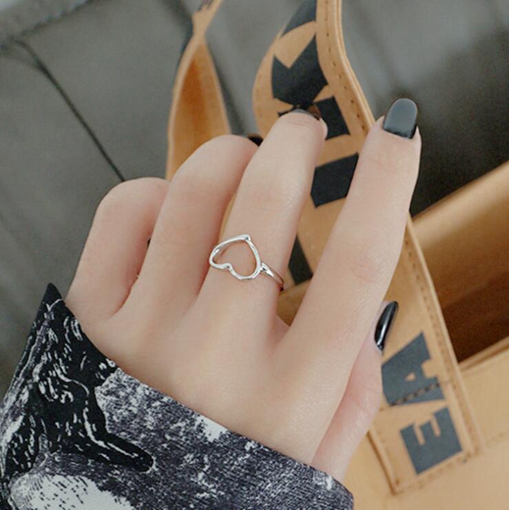 New Fashion Minimalist Personality Heart 925 Sterling Silver Jewelry Smooth Hollow Heart-shaped Popular Opening Rings TYB422
