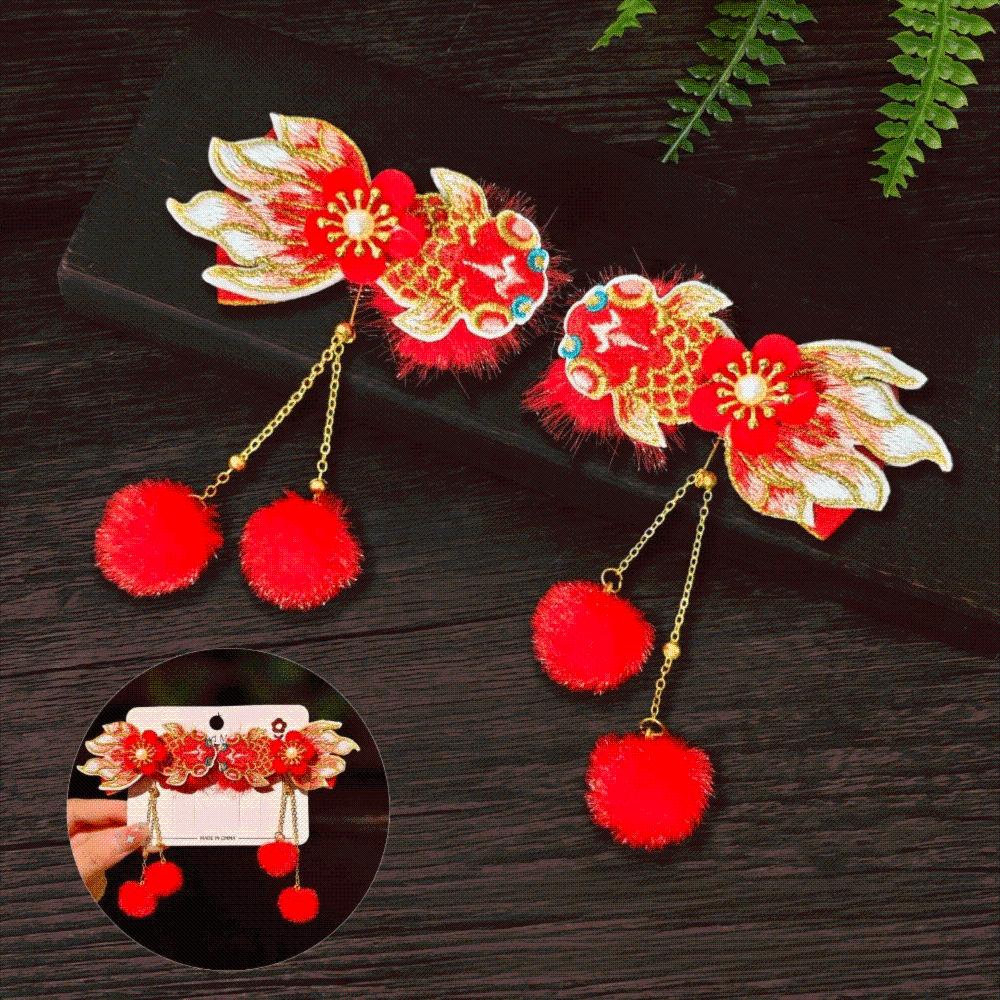 1 Pair Pearl New Year Headwear Chinese Style Bow Tassel Hairpin Hanfu Red Hair Clips New Year Gifts