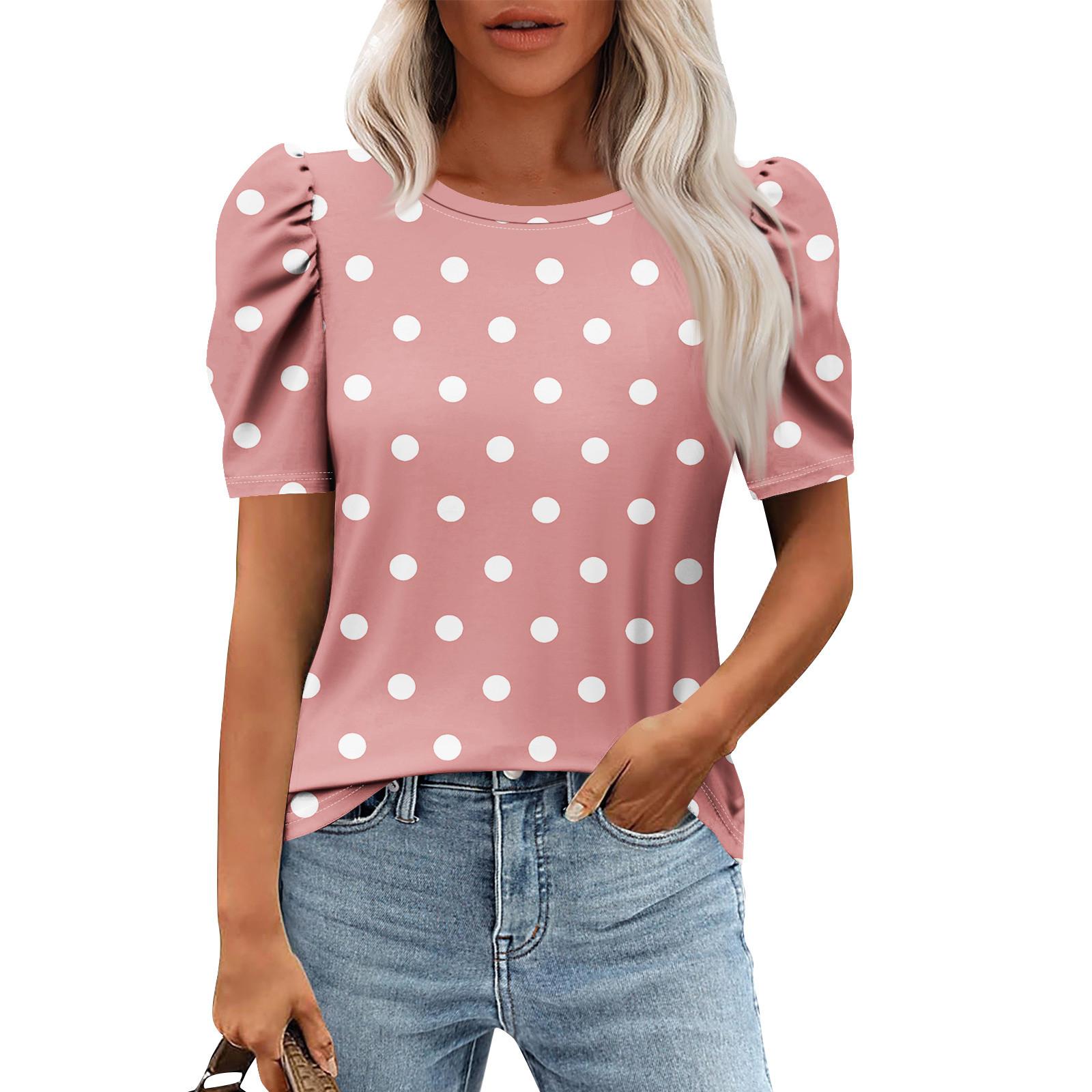

Женские повседневные топы с коротким рукавом и круглым вырезом с принтом, туники, рубашки, летняя одежда XXL светло-розовый