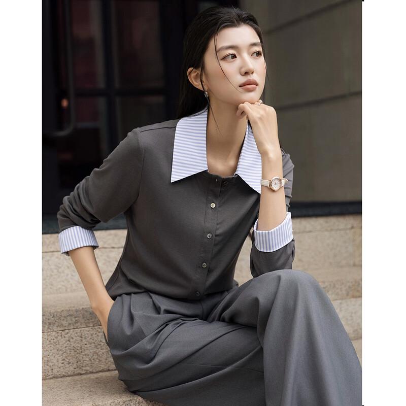Women's Lyocell Blend Color Block Striped Lapel T-shirt