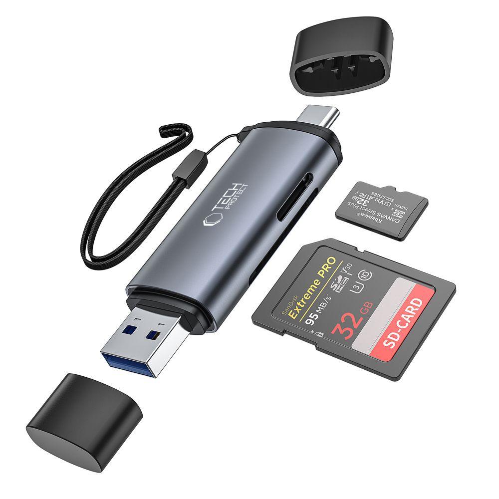 SD / micro SD Speicherkartenleser mit USB-C / USB-A Anschlüssen - Grau