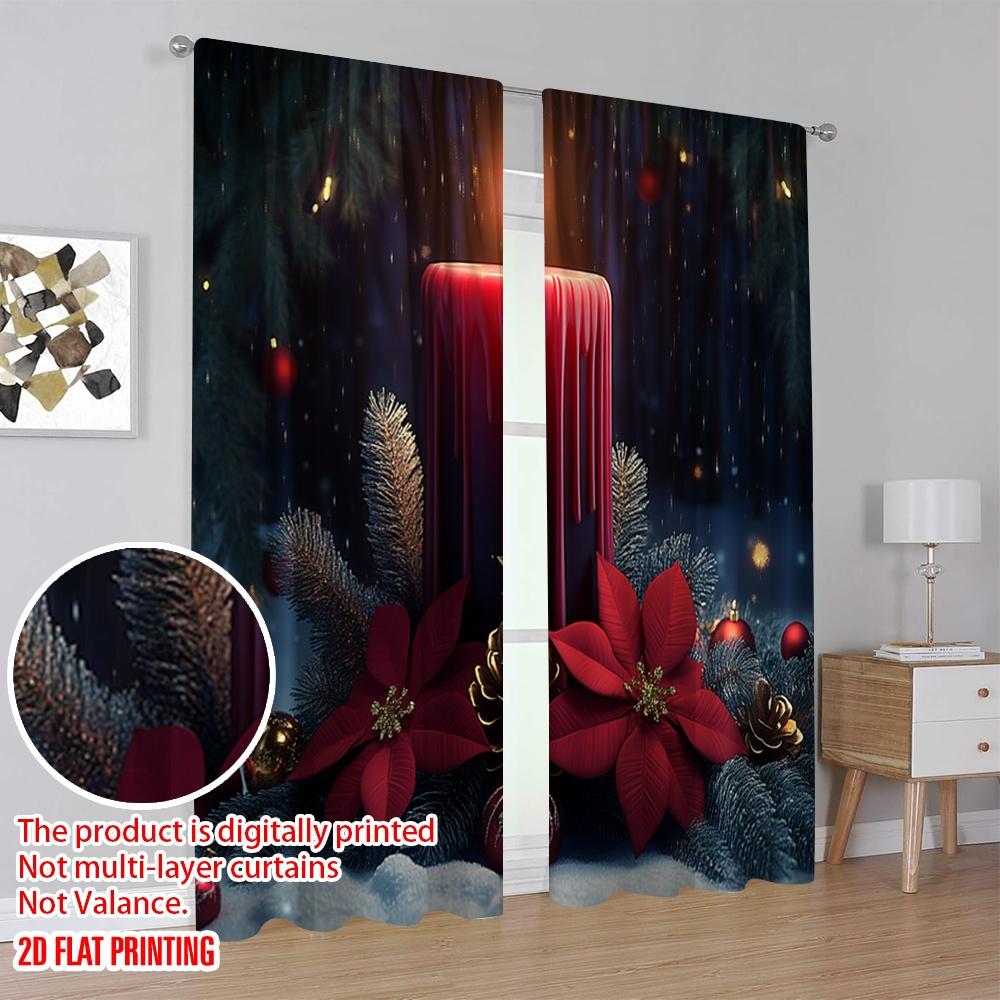 2pcs,2D Plane Printing Curtain Popular Candle Christmas Poinsettia Wreath (2) Durable Polyester (without Rod) Decorations Inside