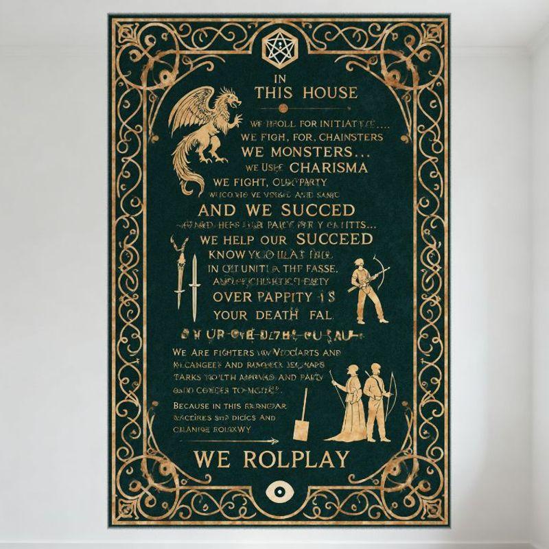 

Vintage Teal Fantasy RPG House Rules Metal Tin Sign, Dungeons & Dragons Style Wall Decor with Dragon, Sword, Bow Icons, In This 20x30cm（7.8x11.8inch）