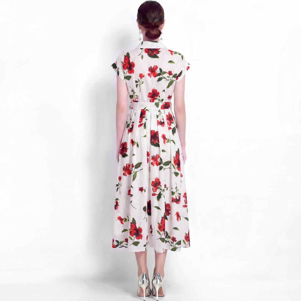 Elegant Floral Print Midi Shirt Dress for Women Summer Cap Sleeve Lapel Button Down Waist Belt A-Line Dress Holiday Outfits