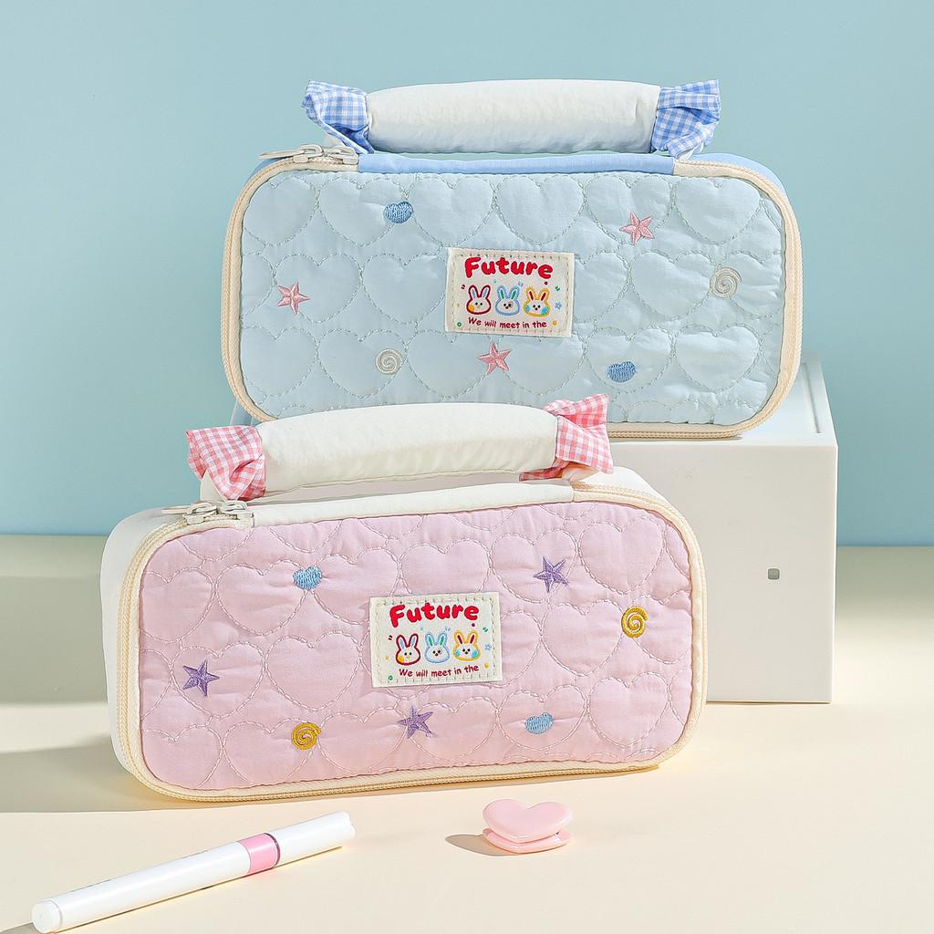 Cute Bunny Dot Pattern Pencil Case With Large Capacity For School And Office Storage
