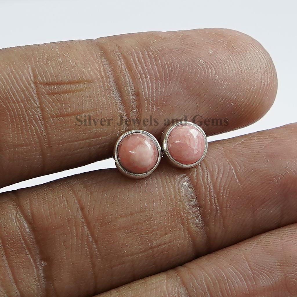 Rhodochrosite Sterling Silver Stud Earrings, Pink Gemstone, Tiny Earrings