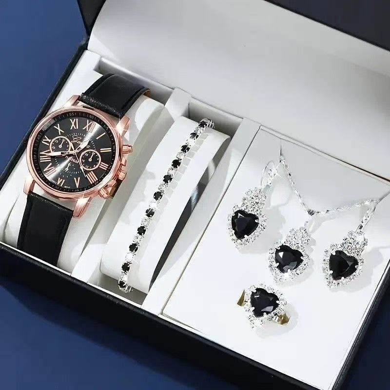 Hot Selling Shiny Rose Gold Women's Watch 6pcs Matching Set Heart Diamond Jewelry Combo Fashion Statement Accessaries