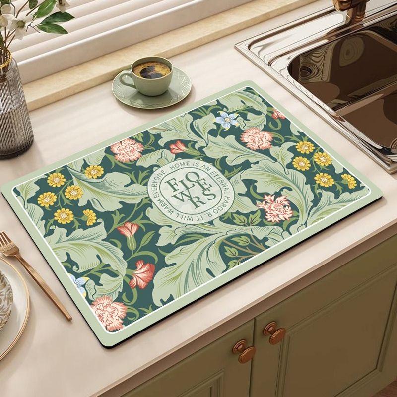 30*40cm Vintage Flora Printed Mud Absorbent Quickly Dry Heat Resistant Non-Slip Tableware Pad Dish Drying Mat Placemat Coffee Mat