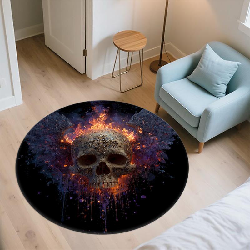 Flame Skull,Round Area Rug,Carpet Rug for Living Room Bedroom Sofa Playroom Decor,Non-slip Floor Mat