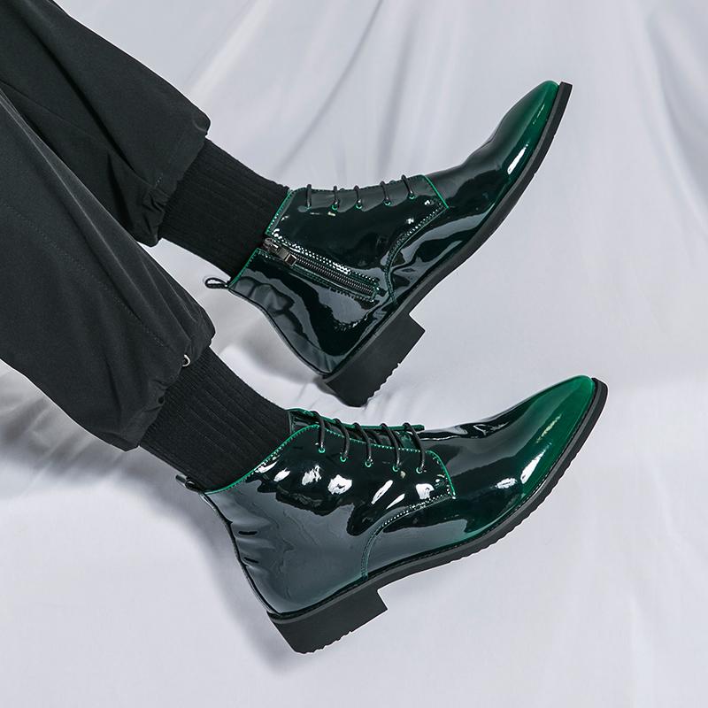 Men's Unique Green Genuine Leather Chelsea Boots Men Business Ankle Boot Mens Casual British Style Short Boot Youth Latest Trend