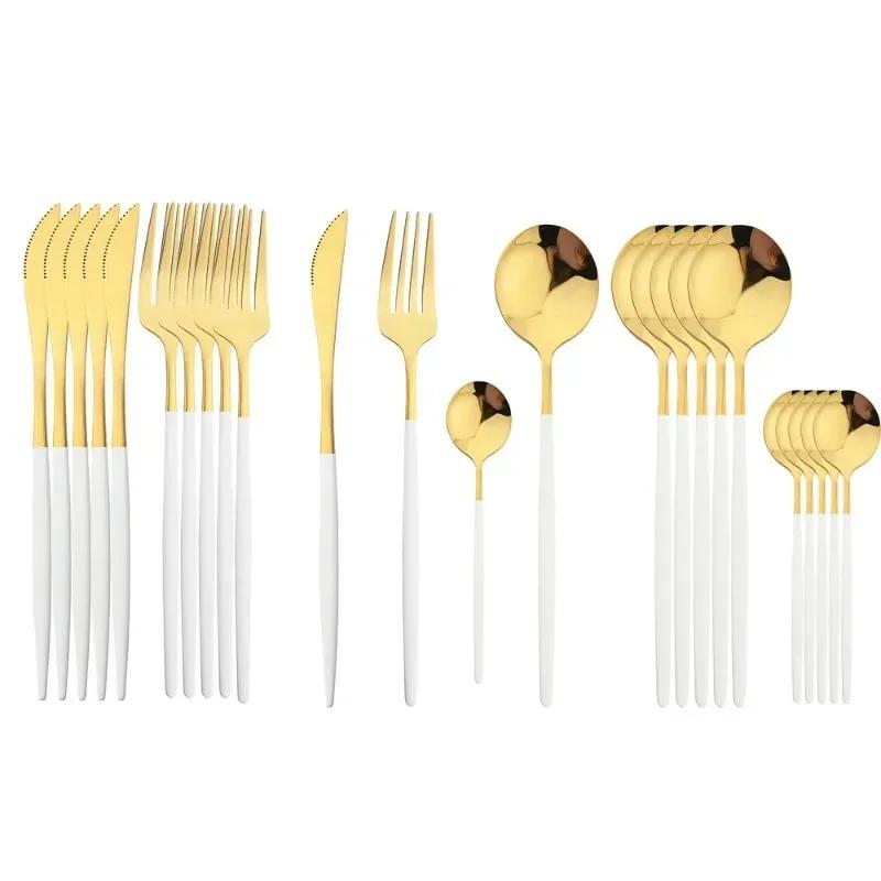 5/24Pcs Black Handle Golden Cutlery Set Stainless Steel Steak Knife Fork Spoon Tableware Dessert Spoon Festival Kitchen Cutlery