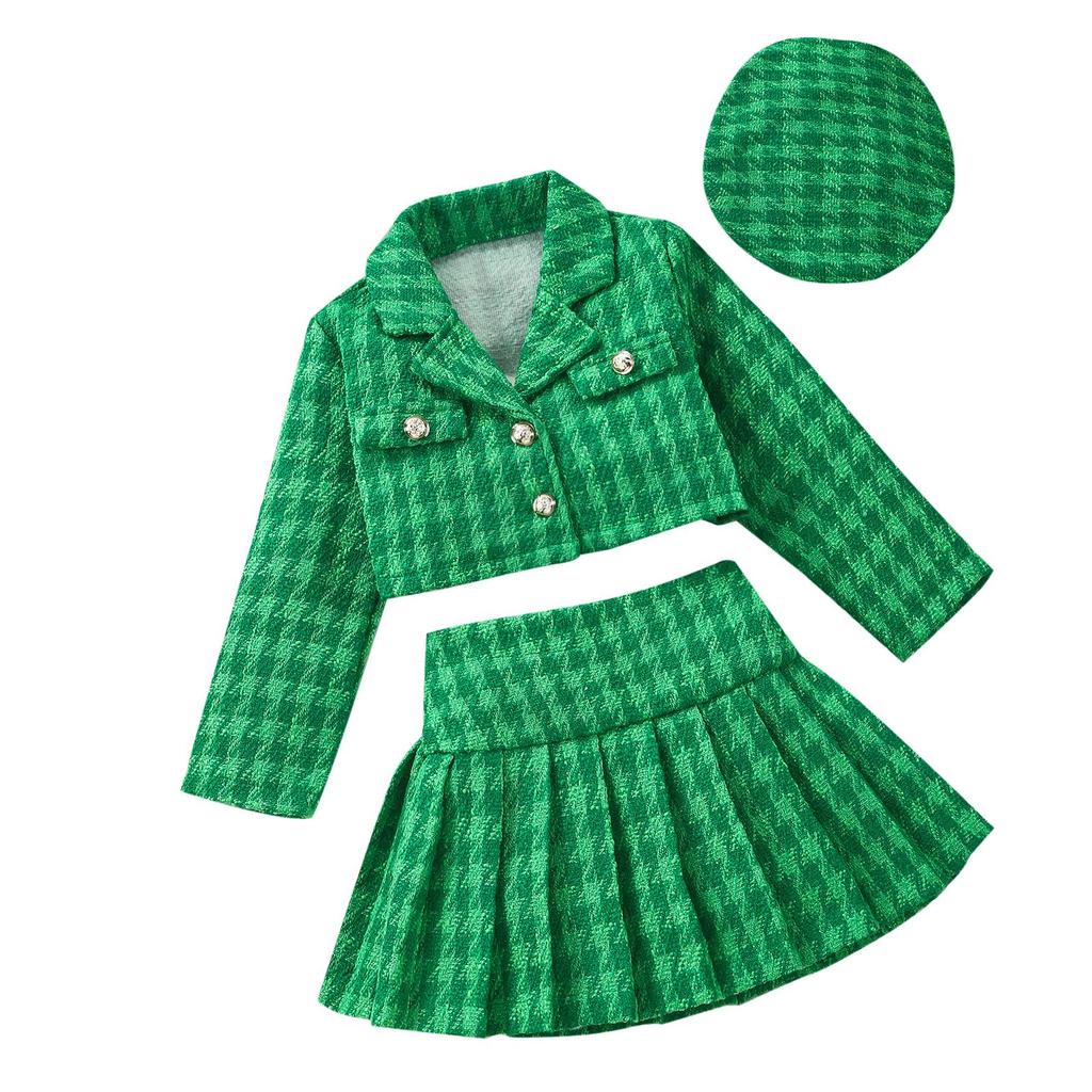 3-teiliges Herbst-Outfit für Mädchen, 4 Jahre, 5 Jahre, 6 Jahre, 7 Jahre, Langarm-Knopfmantel, plissierter karierter Rock, Hut-Set