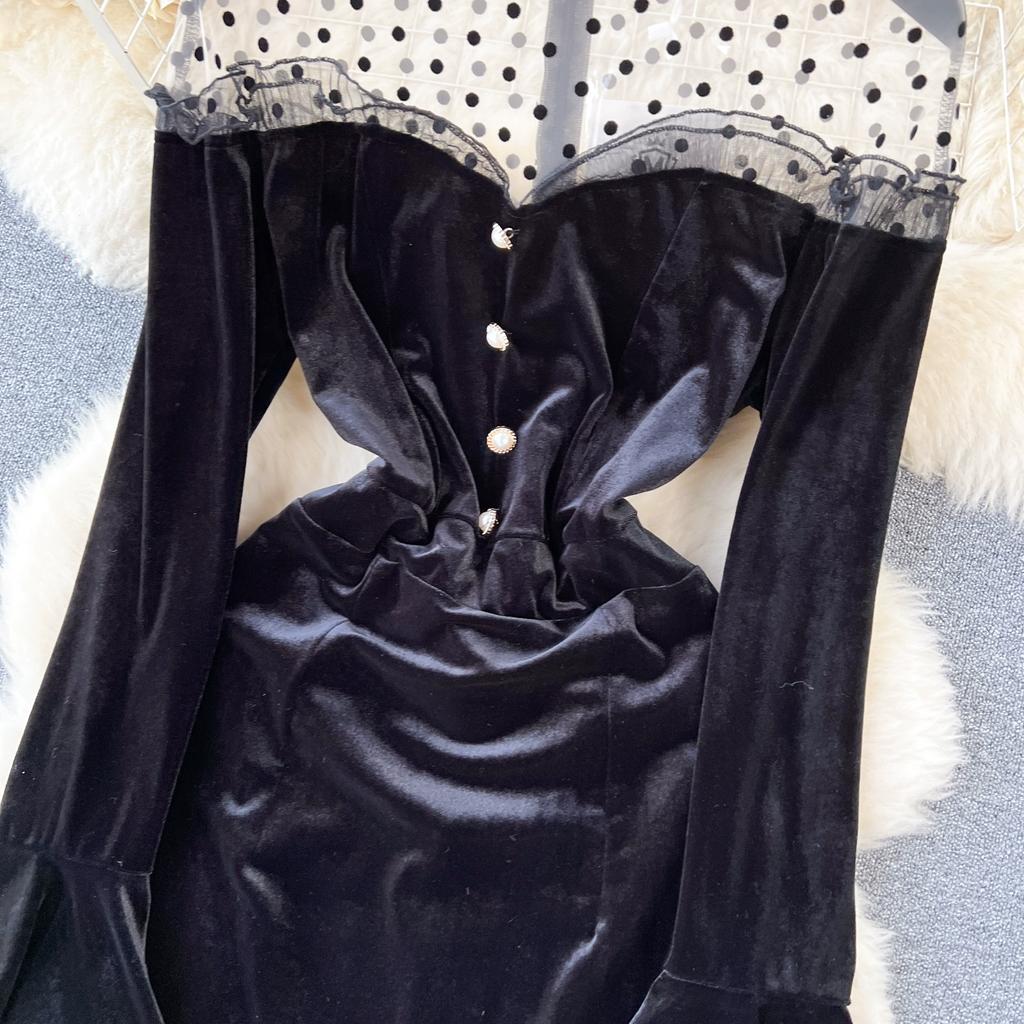 Herbst Frauen Vintage Schwarz Mesh Samt Patchwork Schlank Bodycon Party Fishtail Kleider