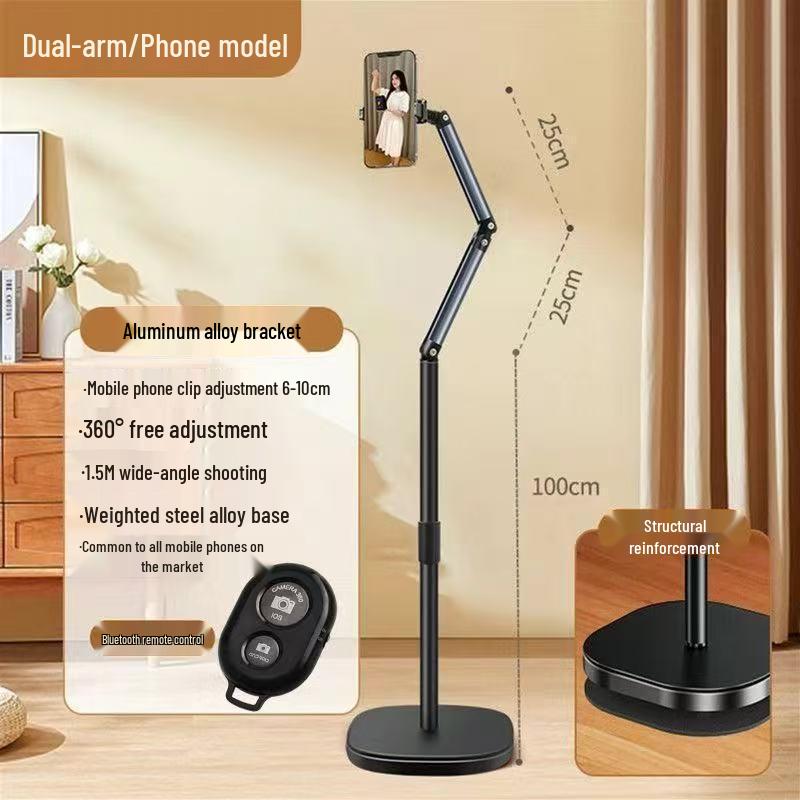 Floor-Standing Articulated Magnetic Phone Holder for Live Streaming, Overhead Shots, Mirroring, and Bedside Use