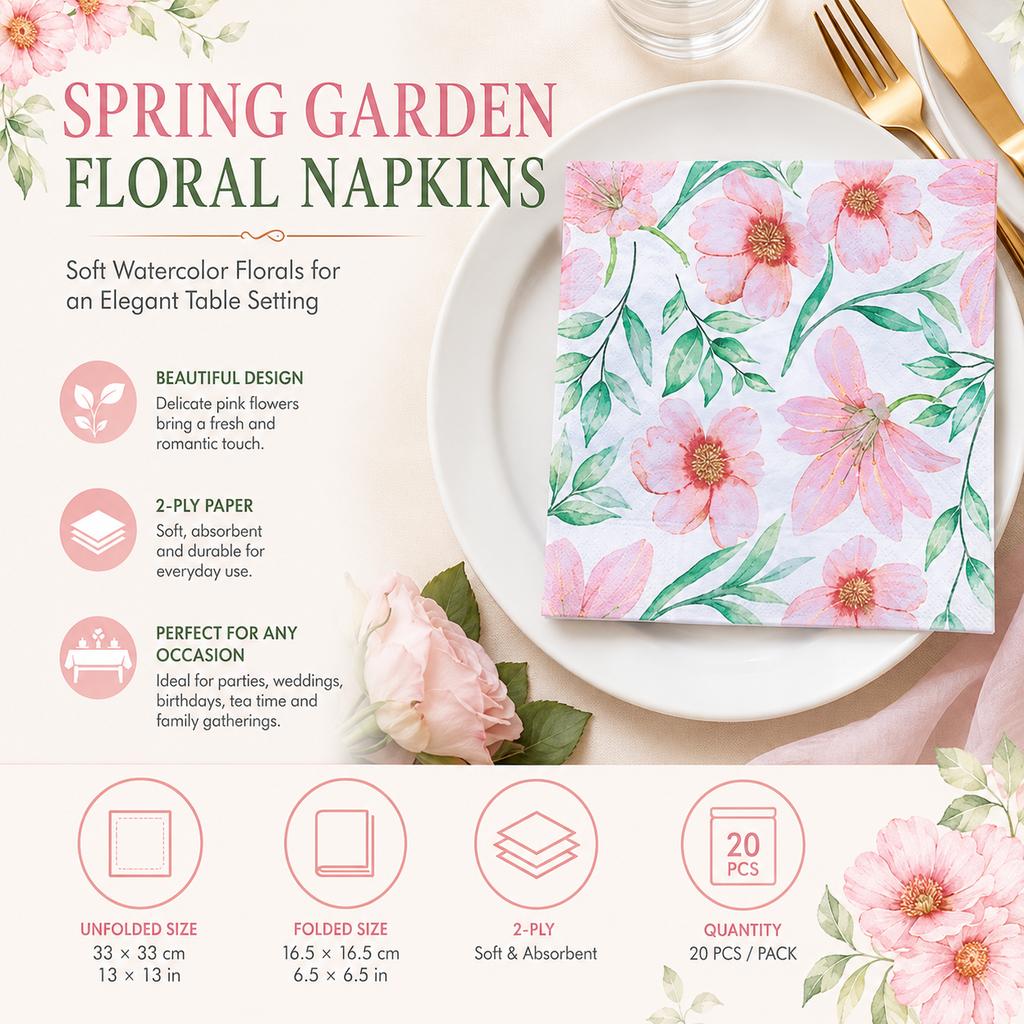 Pink Floral 2-Ply Paper Napkins for Party Table Decoration 20PCS