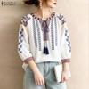 ZANZEA Women Boho Print Summer Casual Round Neck 3/4 Sleeve Blouse