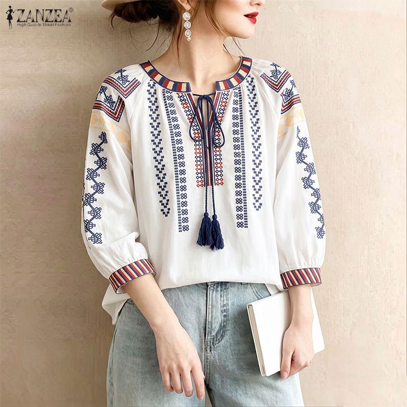 ZANZEA Women Boho Print Summer Casual Round Neck 3/4 Sleeve Blouse