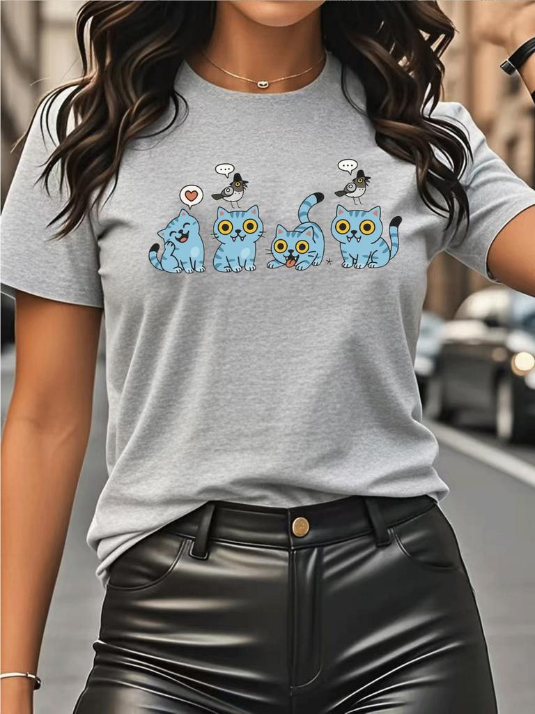 Women's Y2k Kpop-huntrix-tee T-shirt Cute Blue Cats Graphic Tee Soft Stretchy Crewneck Top For Casual Everyday Concert Outfits