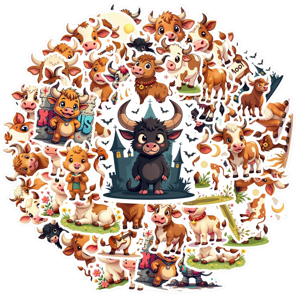 35-150pcs Cartoon Ox Graffiti Sticker Kawaii Animal Decals Laptop Helmet Luggage Guitar Aesthetic Stickerss