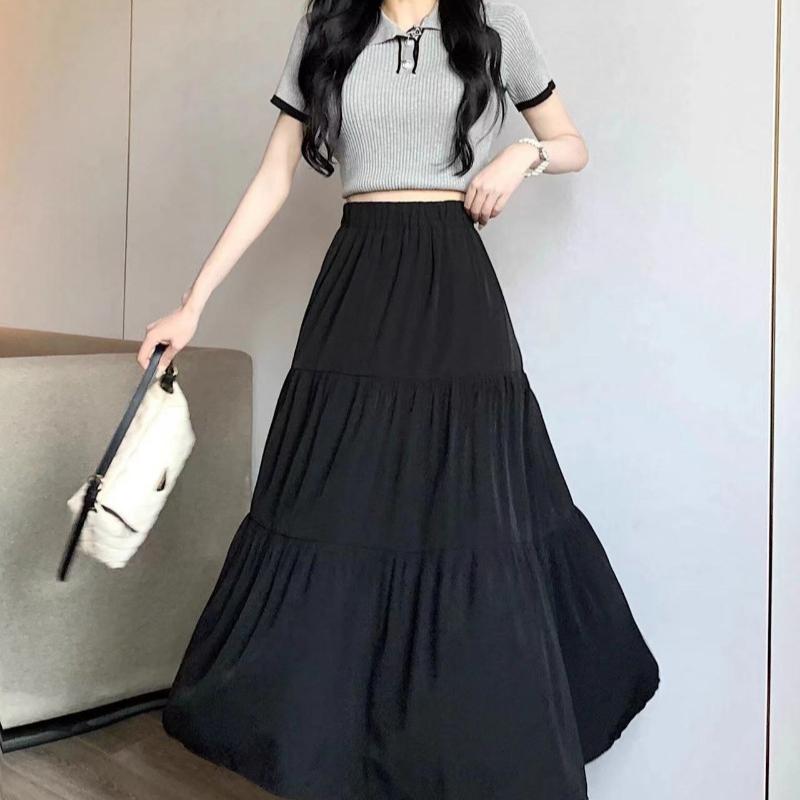 1PC High Waist Skirts Long Skirts A-line Skirts Polyester Chiffon White Elastic Women Vintage