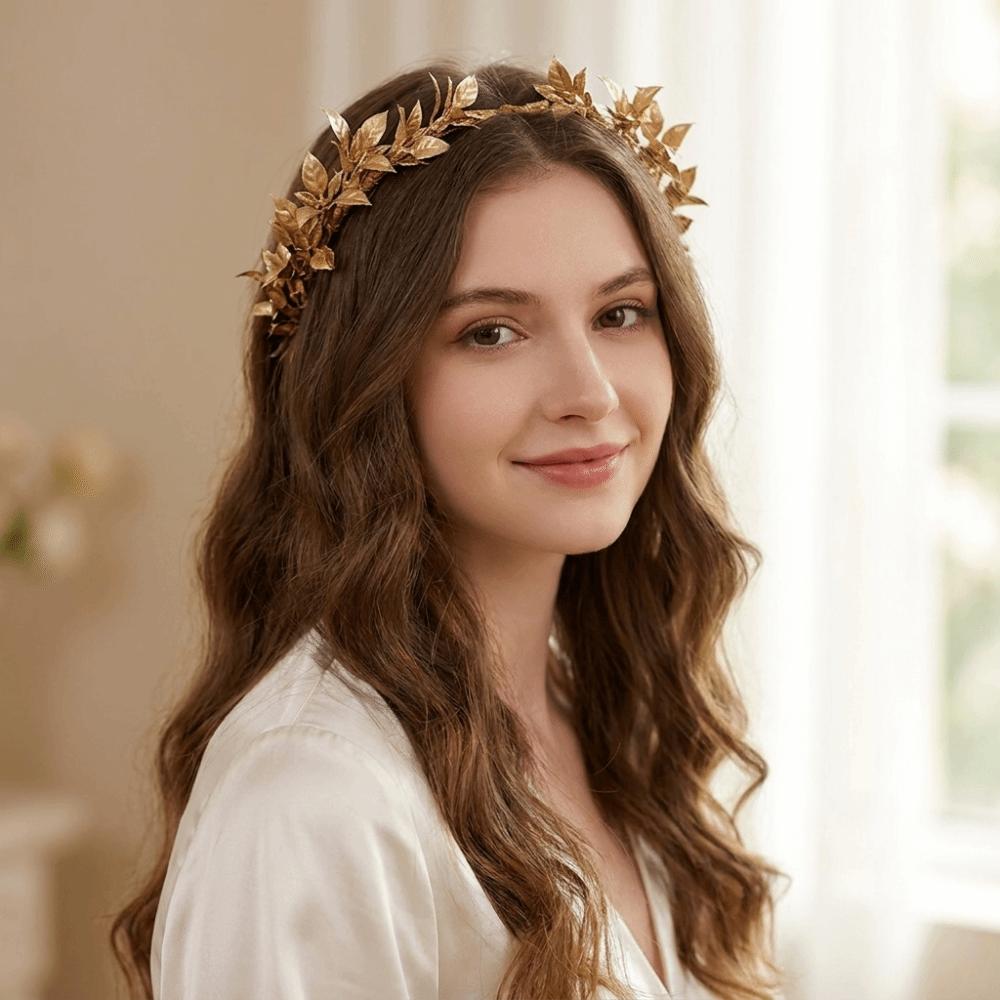 Vintage Gold Bride Wreath Headband Handmade Braided Ribbon Headwear Wedding Crown Boho Maple Leaf Photography Hair Accessories