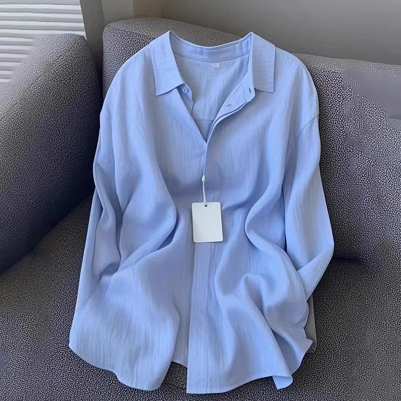

Women Linen Shirt Casual Loose Long Sleeve Thin Summer Turn Down Collar French Style Sunscreen Clothing S синий