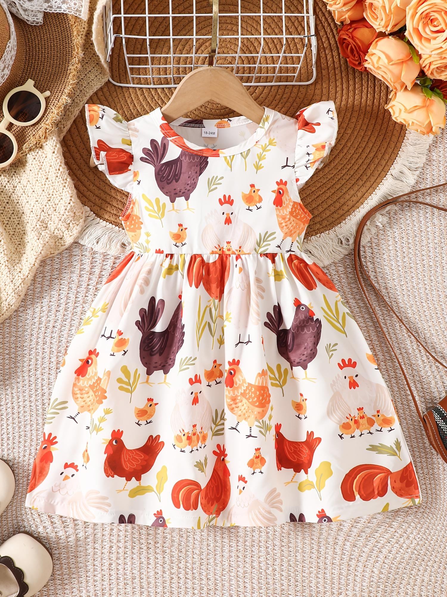 Girls Summer Dress Cute Short Sleeve Chicken Print Casual Outfit Farm Animal Design Kids Fashion Dress 18-24M