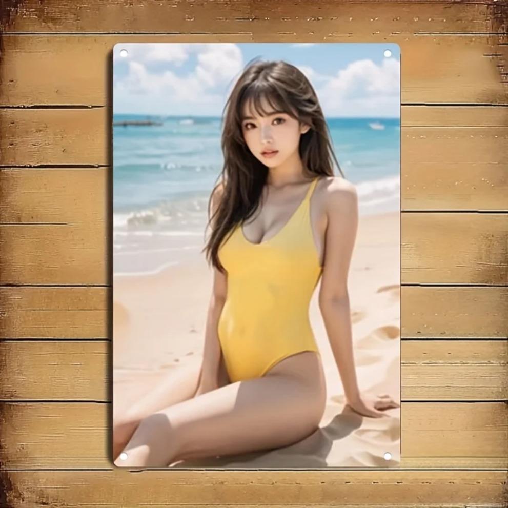 Vintage Metallwandkunstschild - Küstenstranddeko mit gelber Badeanzug-Frau, Langlebige Eisen-Café-Bar-Plakette