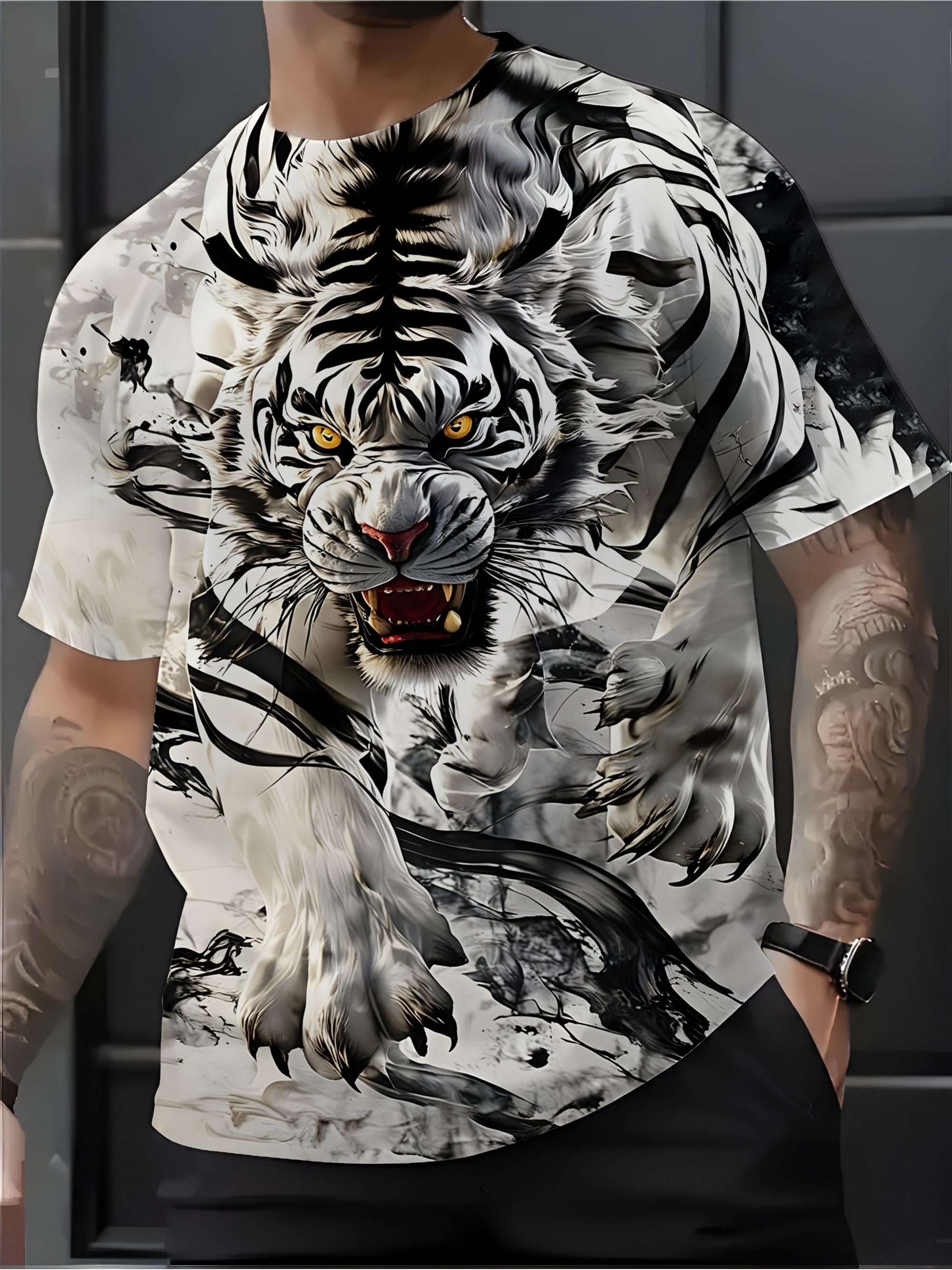 Men s 3D Tiger Print T-Shirt with Black & White Stripes and Bright Orange Eyes - Street Fashion S