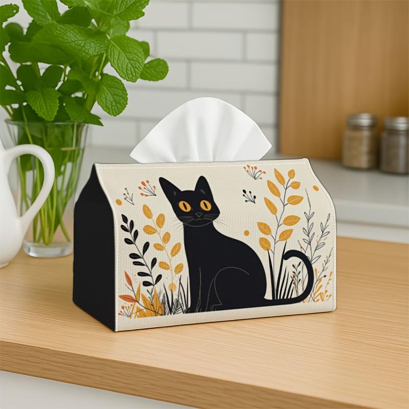 1pc Adorable Minimalist Style Tissue Holder - Black Cat Autumn Floral - Perfect for Holiday Celebrations & Home Decoration, Measuring 17.02*25.91 cm,