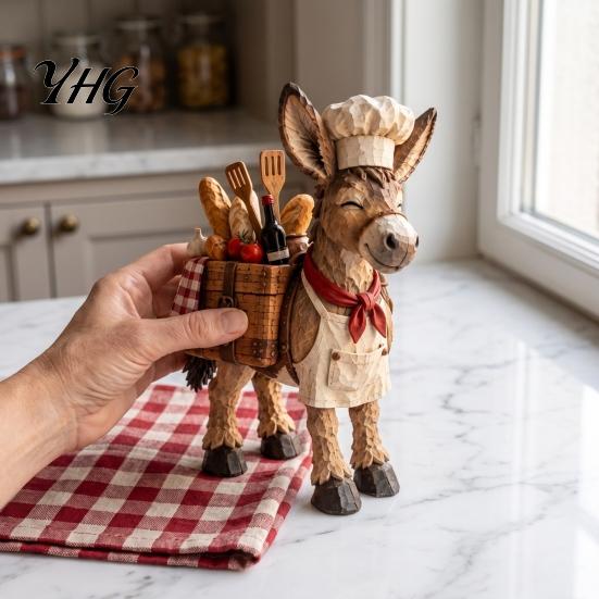 Vintage Retro Keepsake Little Chef Donkey Figurine, Rustic Kitchen Animal Statue, Farmhouse Resin Sculpture Meaningful Housewarming Gift with