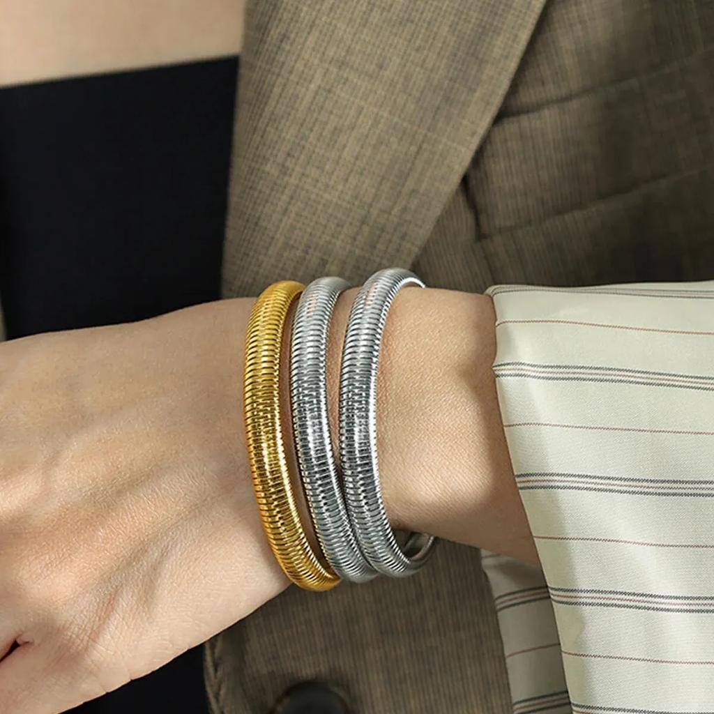 Waterproof Stainless Steel Retro Elasticity Thick Metal Polish Bracelet  Gold Plated Trend Fashion Unisex Jewelry Men Women