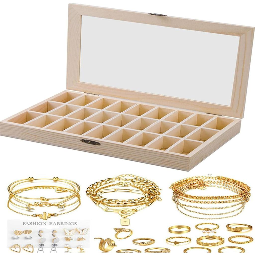 Specimen Box,Elegant Wooden Jewelry Storage Tray Box With Glass Lid,27 Compartments Jewelry Tray Organizer,Ideal For Rings,Bracelets,Gems Stone