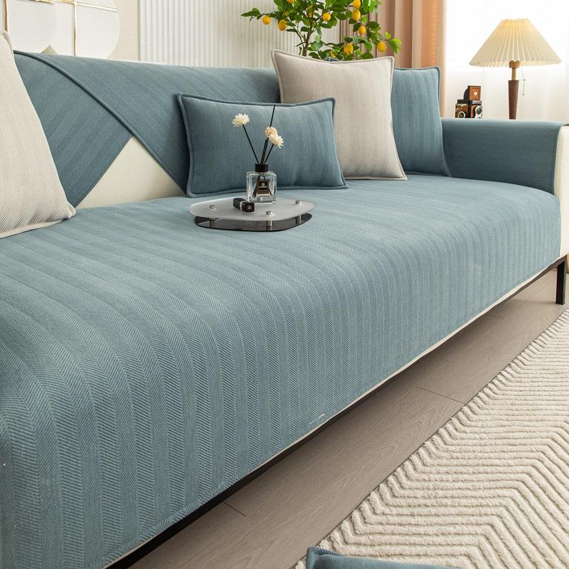 Four Seasons Universal Chenille Sofa Cover Sofa Pad Solid Color Striped Sofa Mat for Living Room Non-Slip L Shaped Couch Cushion