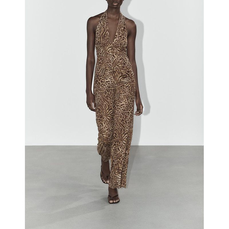 Summer New Product Women's Clothes Open Back Design Animal Pattern Print Silk Net Hanging Collar Long Conjoined Trousers 5039149