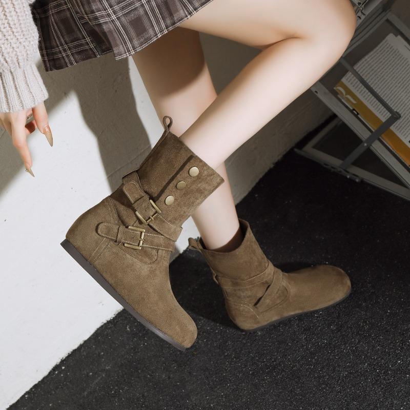 Fashionable Retro Women'S Short Boots Designer Belt Buckle Casual Woman'S Shoes Cowboy Pleated Piled Boots For Women Botas Mujer