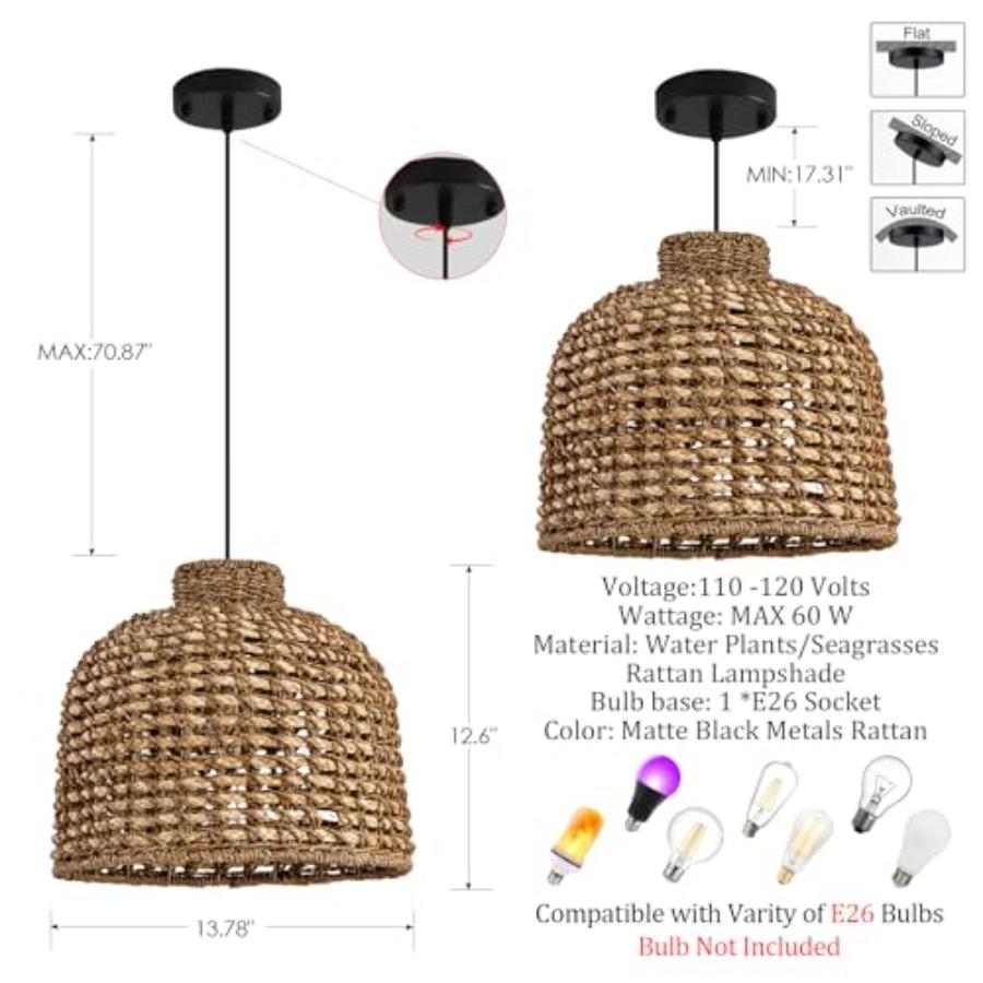 Boho Seagrass Pendant Light 13.78 Hand Woven Rattan Chandelier for Dining Living Bedroom Kitchen Farmhouse Natural Color Sustai