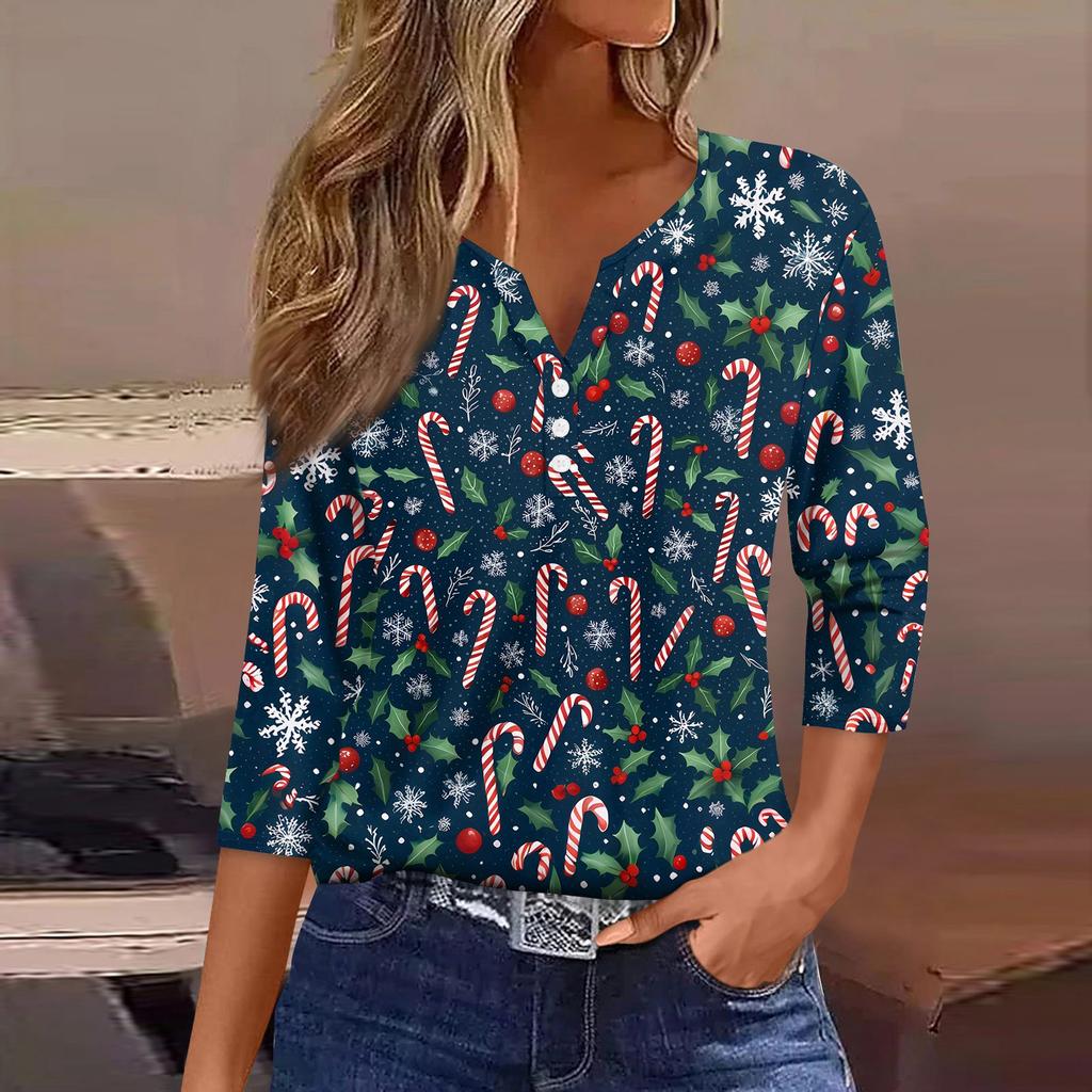 Camiseta de mujer con estampado navideño, botones, manga 3/4, para uso diario, fin de semana, básica, cuello en V, camiseta regular