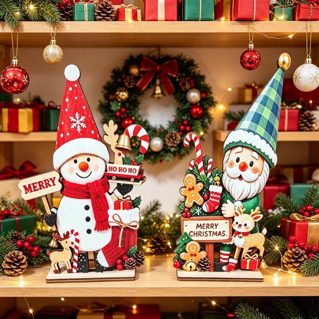 Santa Reindeer Desktop Ornament Wooden Christmas Houses Village Tabletop Decoration For Home Xmas 2026 2027 New Year Party Decor
