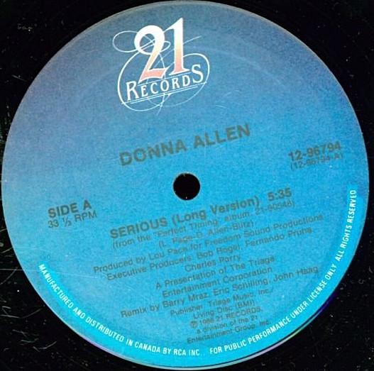 12inch Record DONNA ALLEN - Serious 1296794 21 Records 1987 Canada Soul/Funk Used