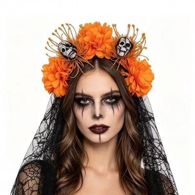Halloween Kranie Hovedbånd Med Blonder Slør Blomstrede Accenter Day Of Dead Fest Kostume Tilbehør