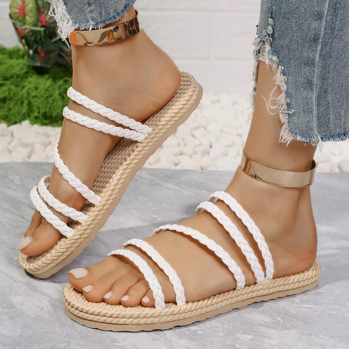 

Fashion Lightweight White Flat Sandals Women 2025 Summer Casual Weaving Roman Slippers Woman Comfortable Non Slip Beach Sandalias Mujer 43 белый