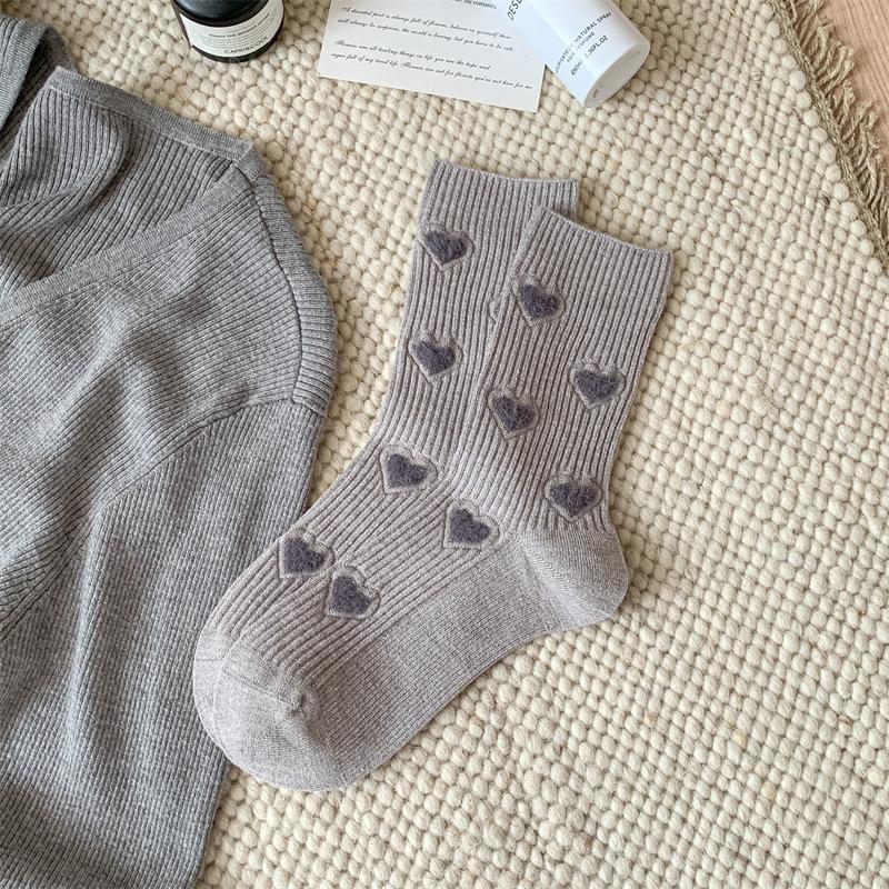 New Flocked Love Imitation Cashmere Socks Vertical Bar Mid-Leg Socks Thickened And Warm, Solid Color Simple Stacked Socks