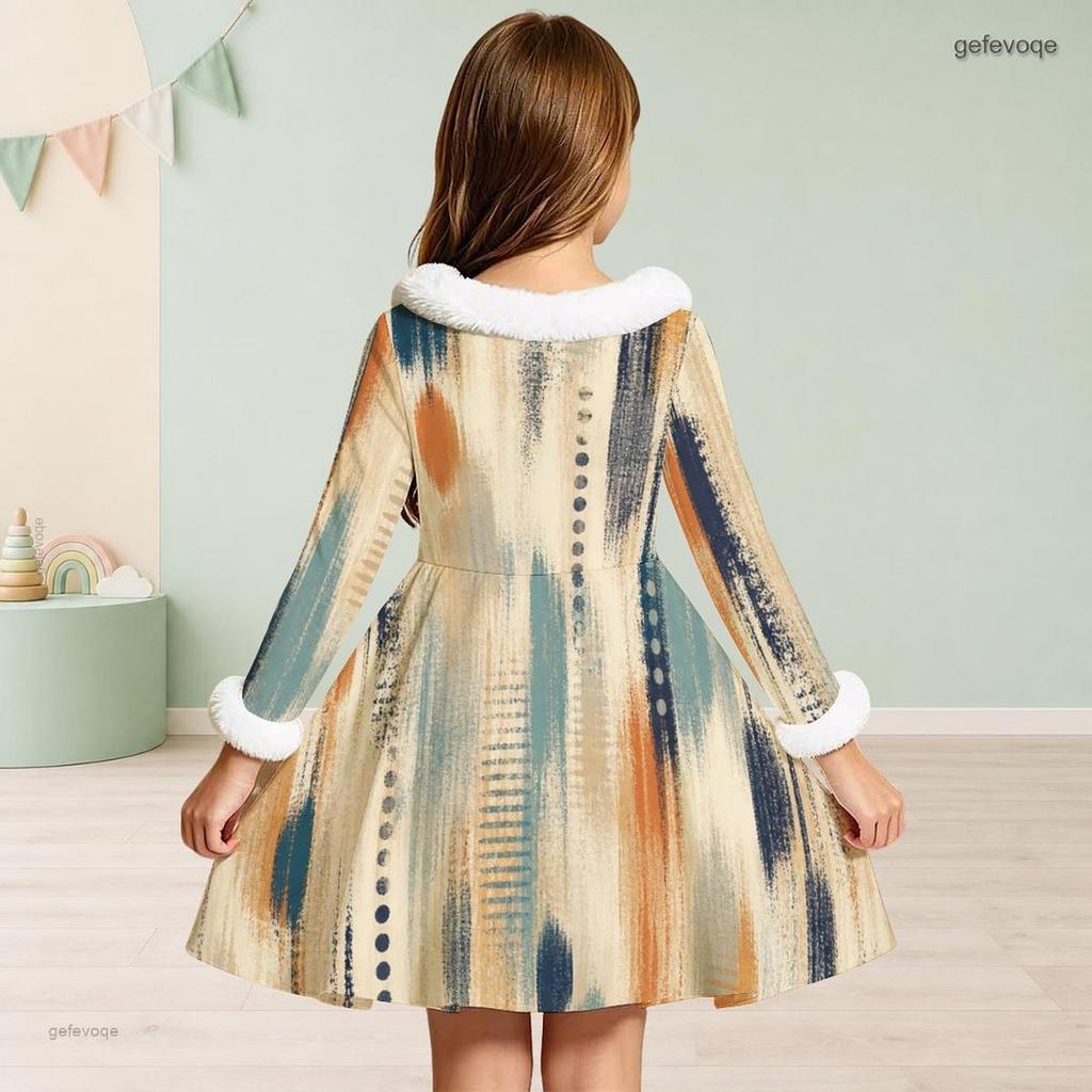 Girls Long Sleeve Faux Fur Collar Abstract Printed A Line Flared Dress With Waist Bow
