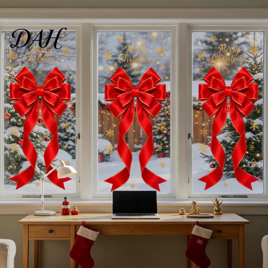 Holiday Window Decorations Static Glass Sticker, Christmas Theme Bow Pattern Print, Removable Door Electrostatic PVC Film for Home And Store