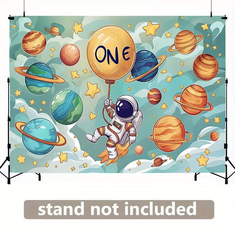 2D Space Themed 1st Birthday Backdrop, Planets & Astronaut Background for Photoshoot