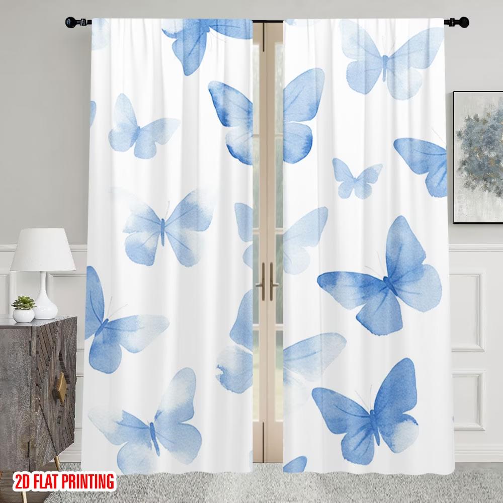 2PCS Digital Printed Curtains, Blue Print Butterfly Vintage Insect Pattern, Window Drapes for Living Room Bedroom Home Decor