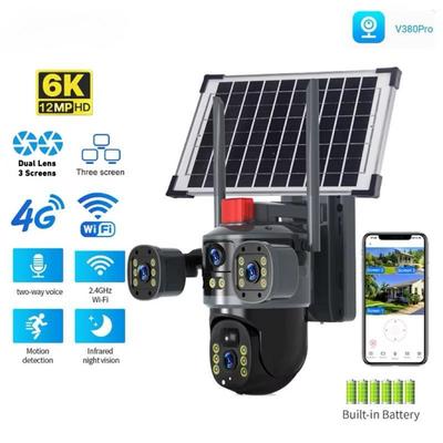 12MP Multi-Lens 3 Screen CCTV Camera Solar 4G WIFI Wireless Solar Panel Powered Surveillance PTZ Camera Waterproof Outdoor V380Pro