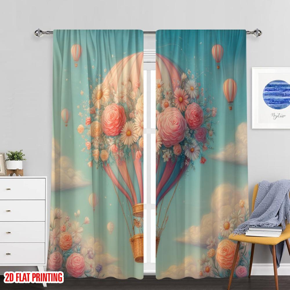 Set Of 2 Vintage Flat Printing Curtains Floral Air Balloon Digital Printed Polyester Drapes Holiday Decorations Po Curtain