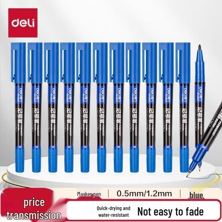 Deli Quick-Drying Waterproof Fineliner Marker, Double Tip (Fine & Broad) - Black, Ideal for Elementary Students' Drawing and Outlining.